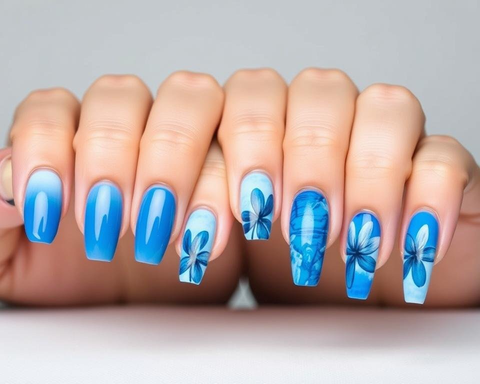 Different nail shapes featuring blue beach designs