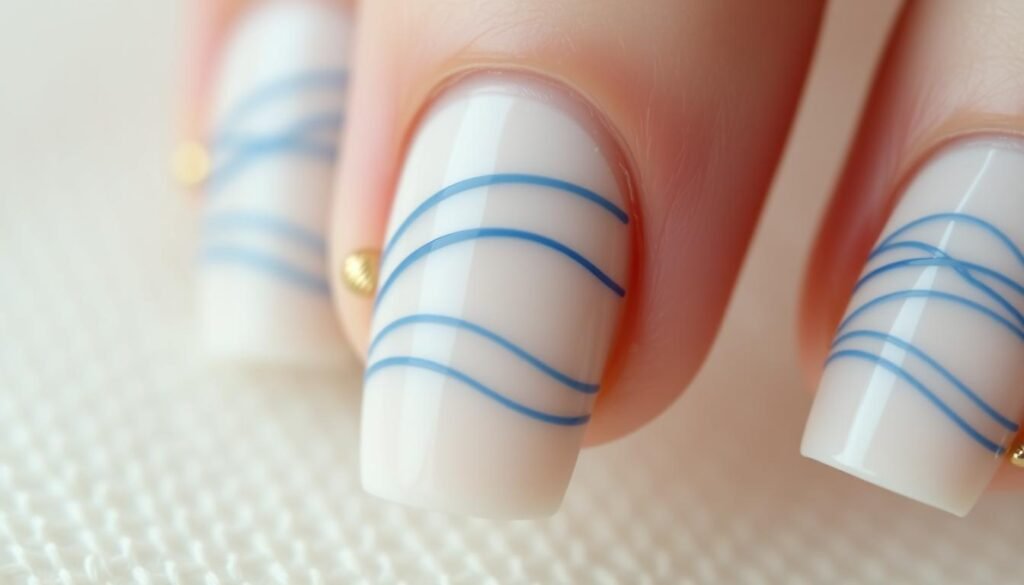 Elegant minimalist trendy beach nails with subtle wave lines and tiny seashell accents