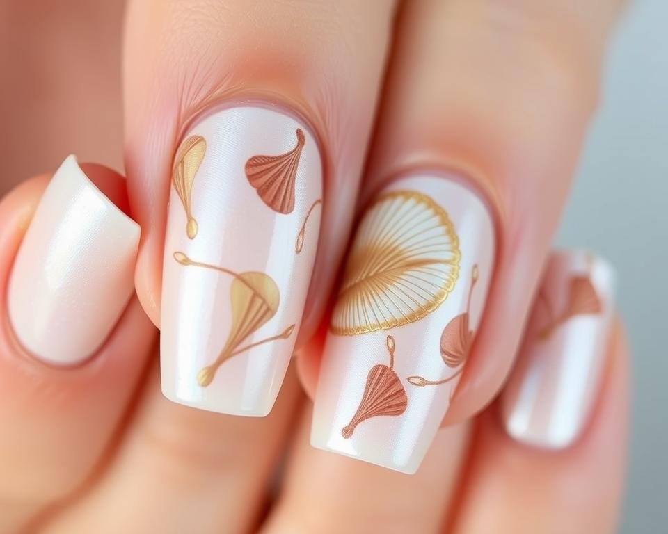 Elegant seashell accent nail art on nude base for beach nail inspo