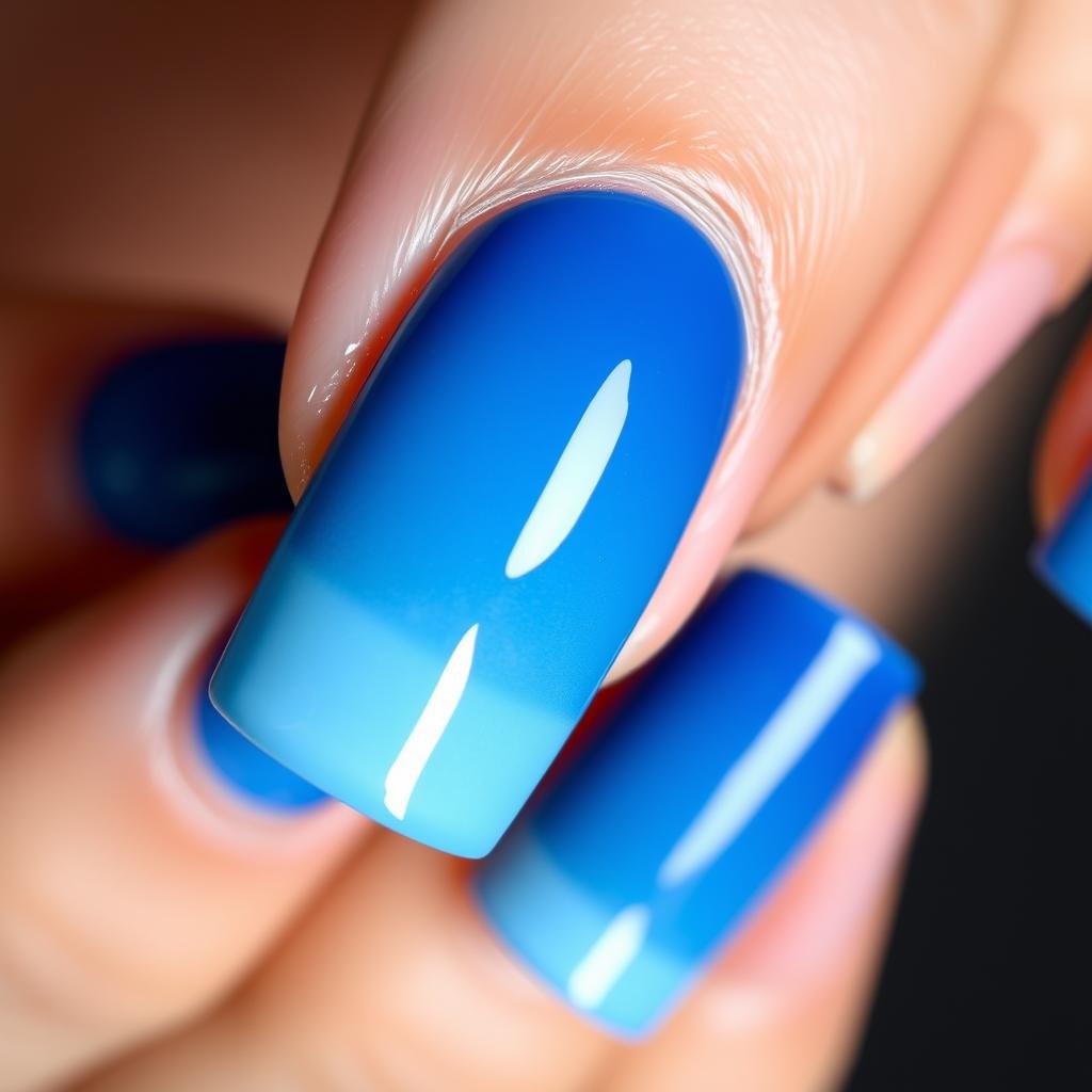 Elegant trendy beach nails with blue ombré French tips transitioning from light to dark blue