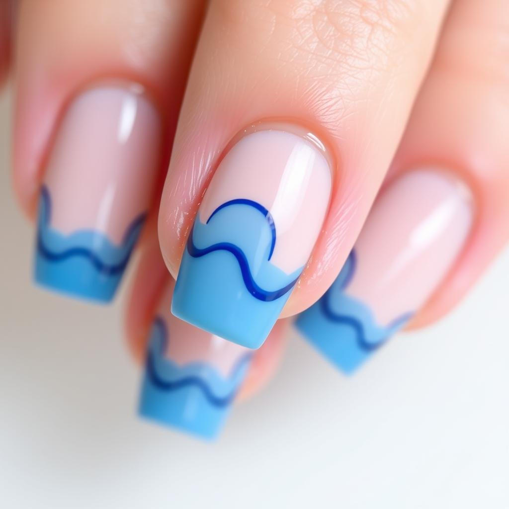 Elegant trendy beach nails with wavy blue French tips on a neutral base