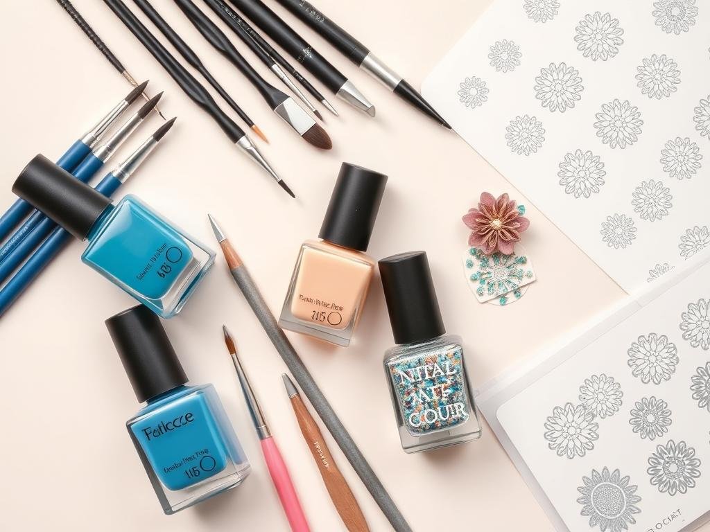 Essential tools for cute beach nails including brushes, polishes, and stencils