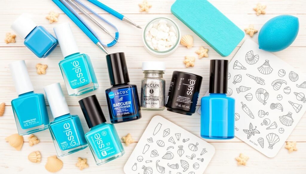 Flat lay of essential nail products and tools for creating summer beach nails