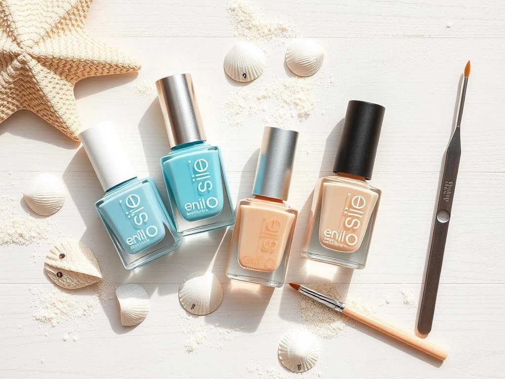 Flat lay of nail supplies for creating simple beach nails