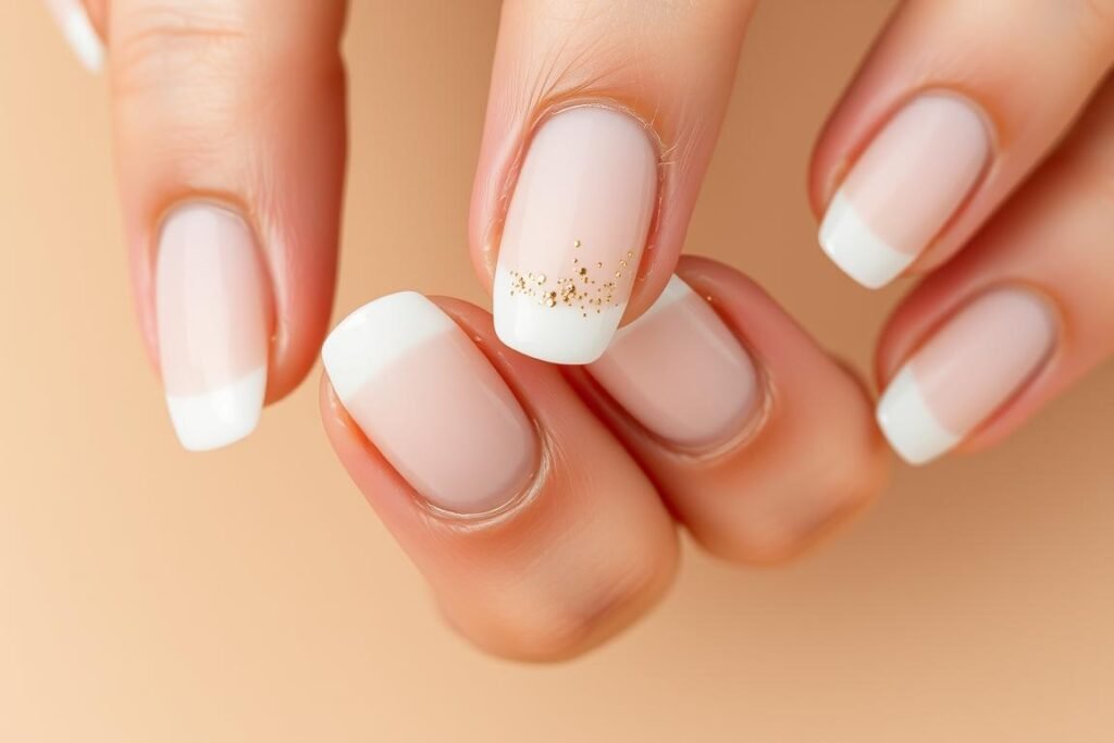 French manicure with white tips and subtle sand texture accent nail