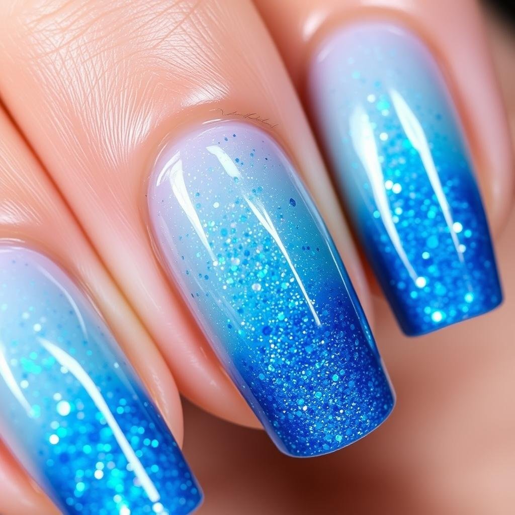 Glitter ocean beach nail art with holographic elements