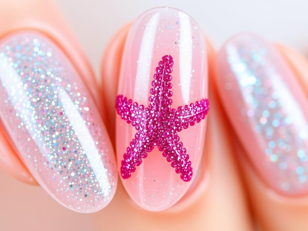Glitter starfish nail design for beach vacation