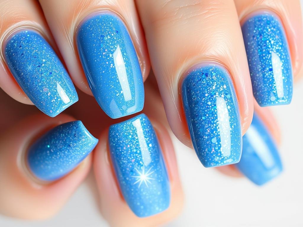 Glittery blue beach nails with shimmer resembling sunlight on ocean waves