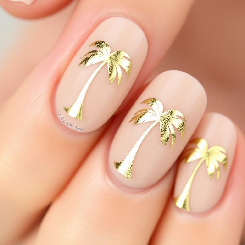 Gold foil palm tree nail design for beach vacation