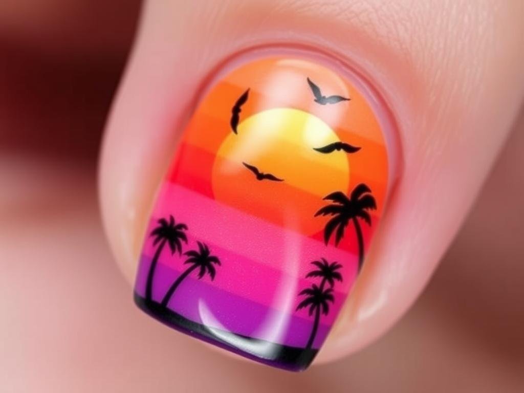Gradient sunset beach nail designs with silhouettes