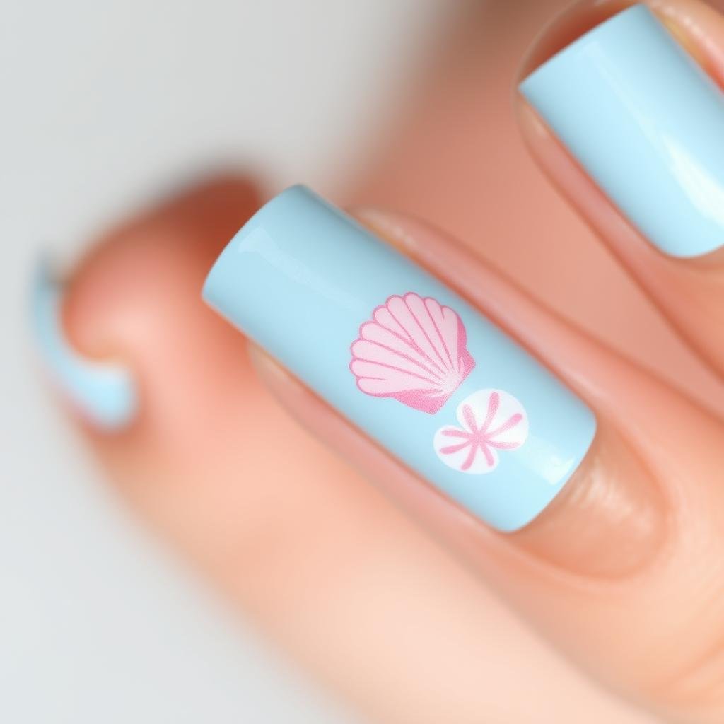 Hand-painted seashell designs on cute beach nails in pastel colors