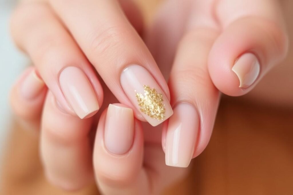 Hands with neutral sandy beach nail design with gold accents