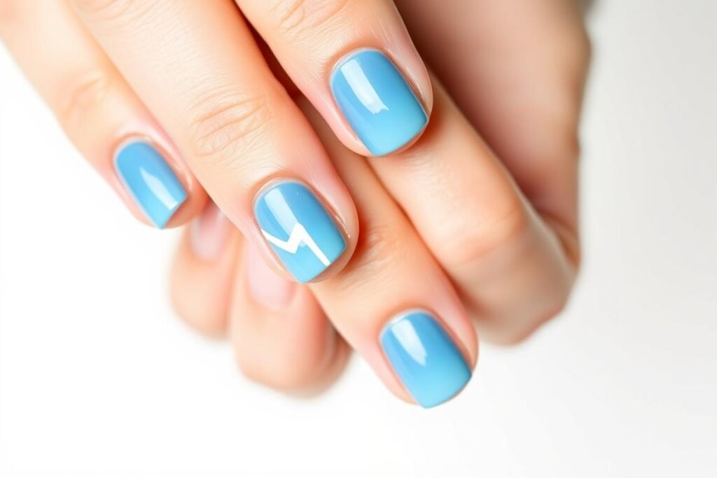 Hands with simple blue ombre beach nails with wave accent