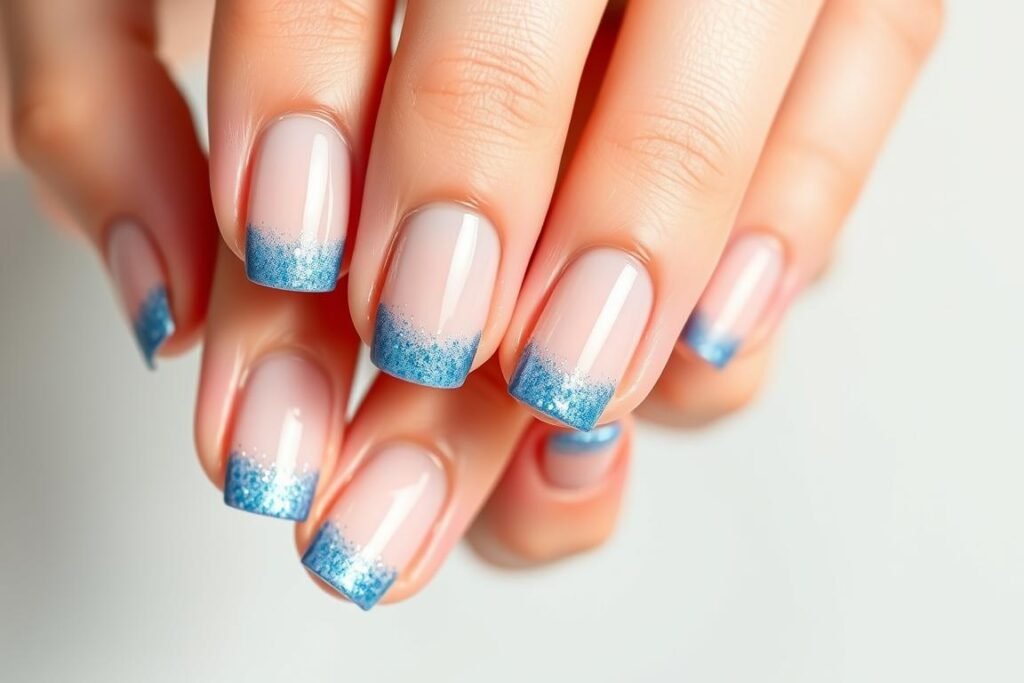 Hands with simple nude nails with blue glitter gradient tips