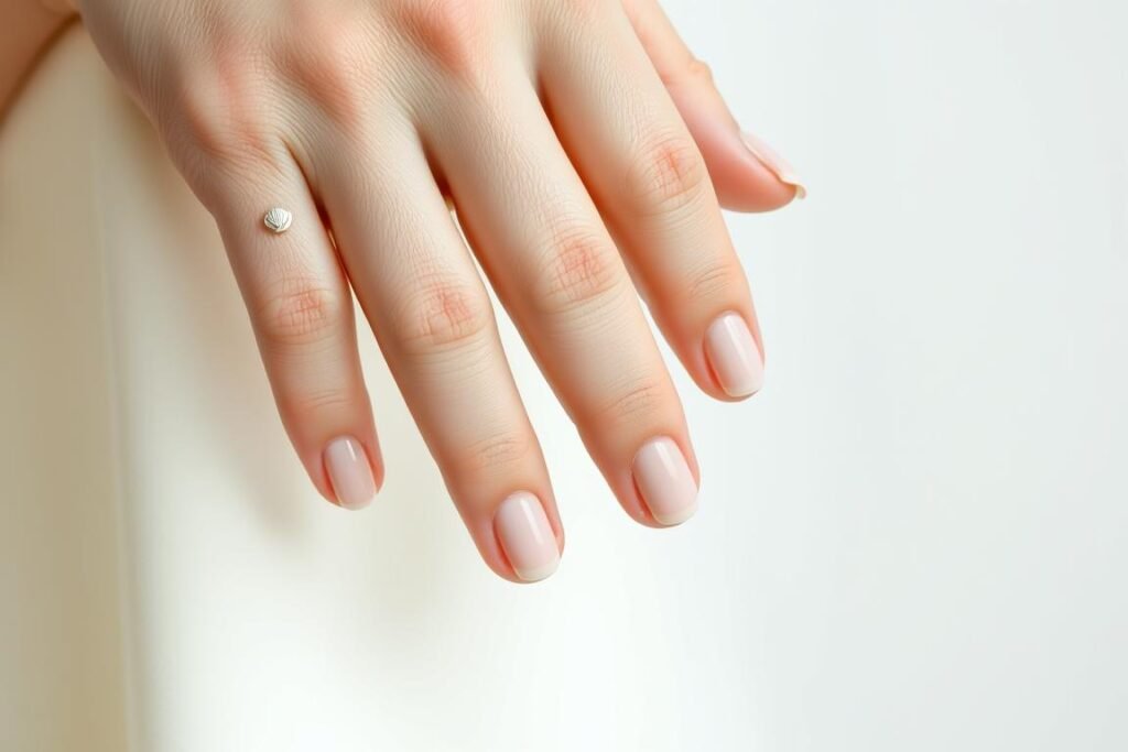 Hands with simple nude nails with delicate seashell accents