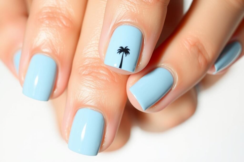 Hands with simple palm silhouette nail design on pastel background