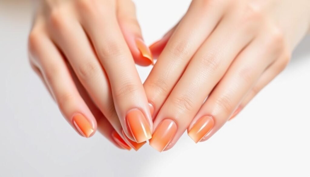 Hands with simple sunset gradient beach nails