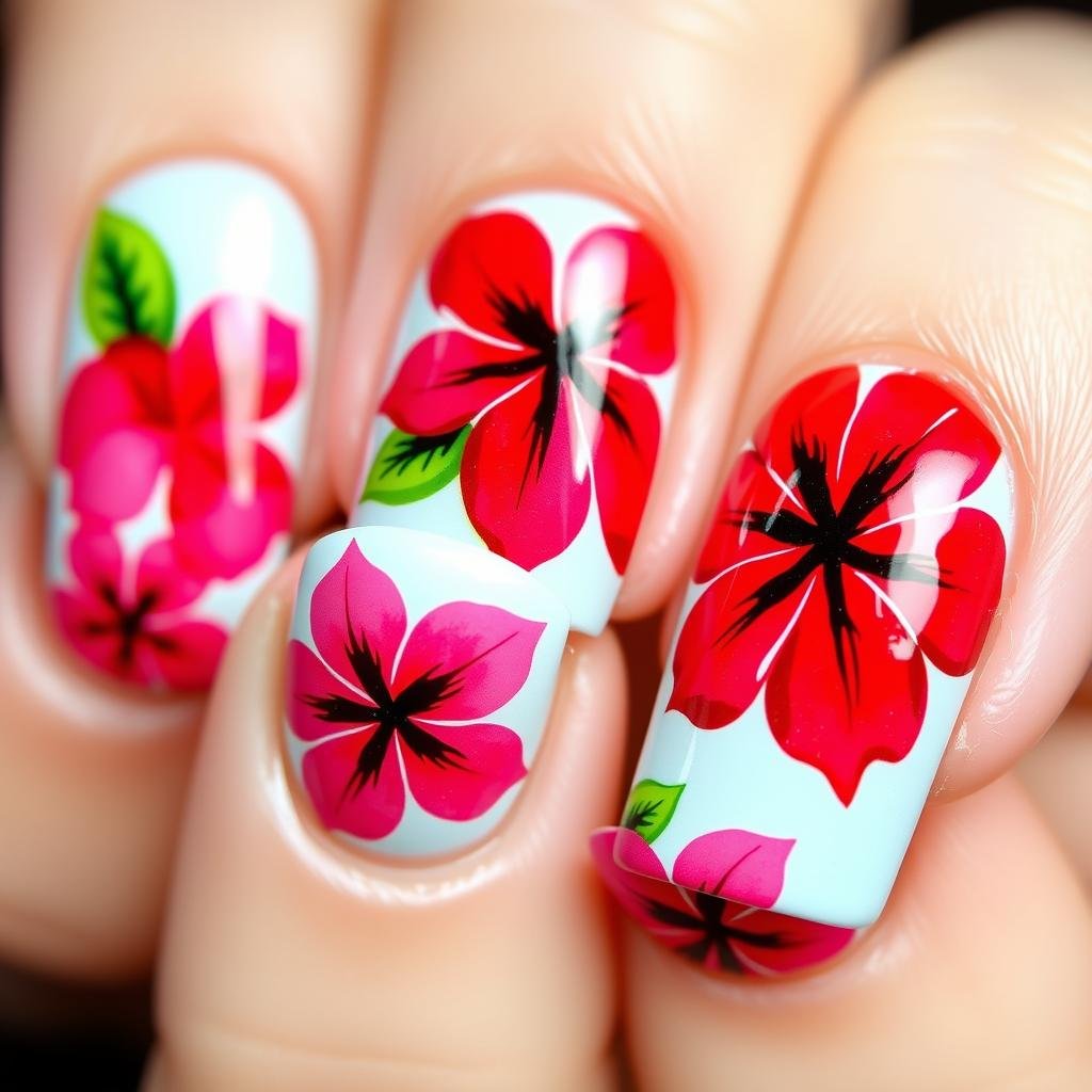 Hibiscus flower beach nail art in bright colors