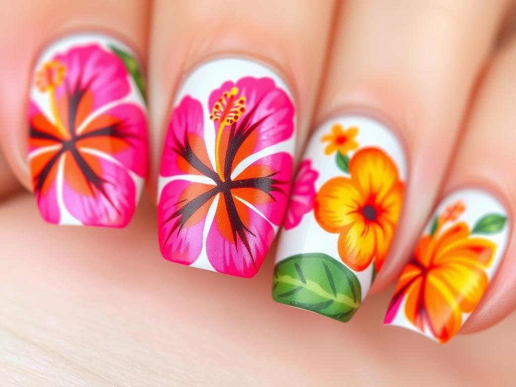 Hibiscus flower beach nail designs in bright colors