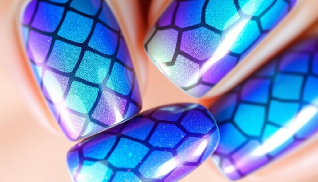 Iridescent mermaid scale nail art in blue and purple for beach nail inspo