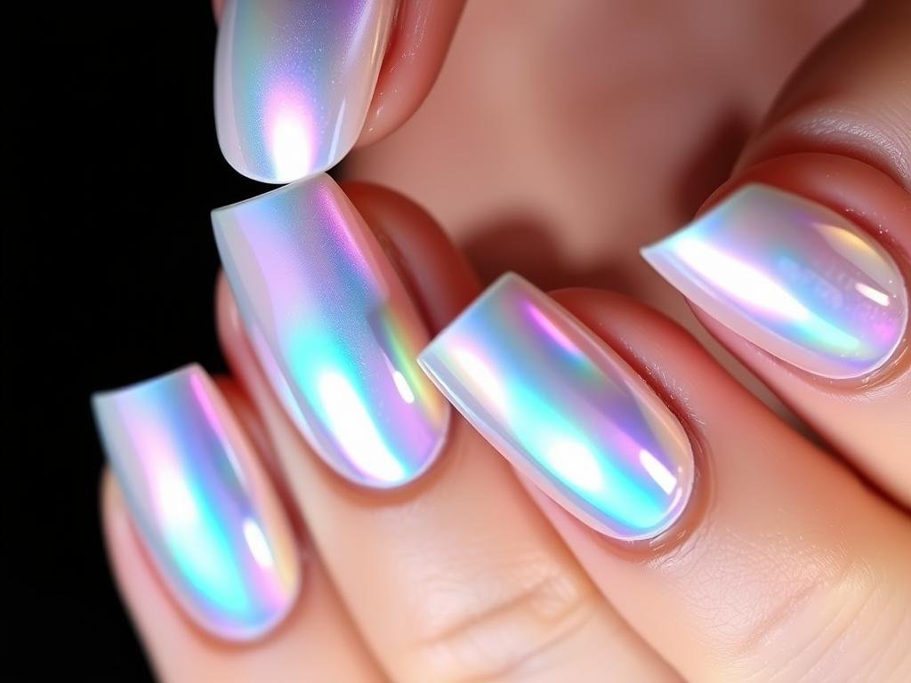 Iridescent shell-inspired beach nail design with chrome finish