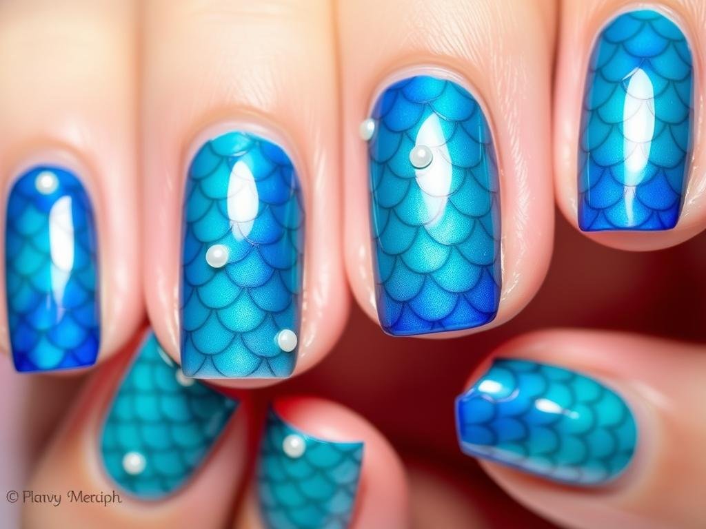 Mermaid-inspired blue beach nails with iridescent scales and shimmer