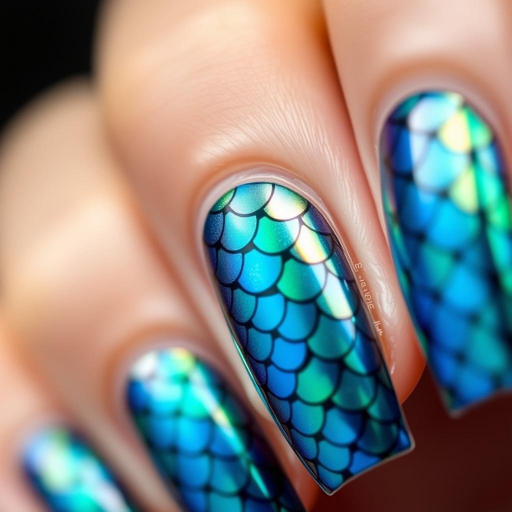 Mermaid-inspired cute beach nails with scale pattern and iridescent finish
