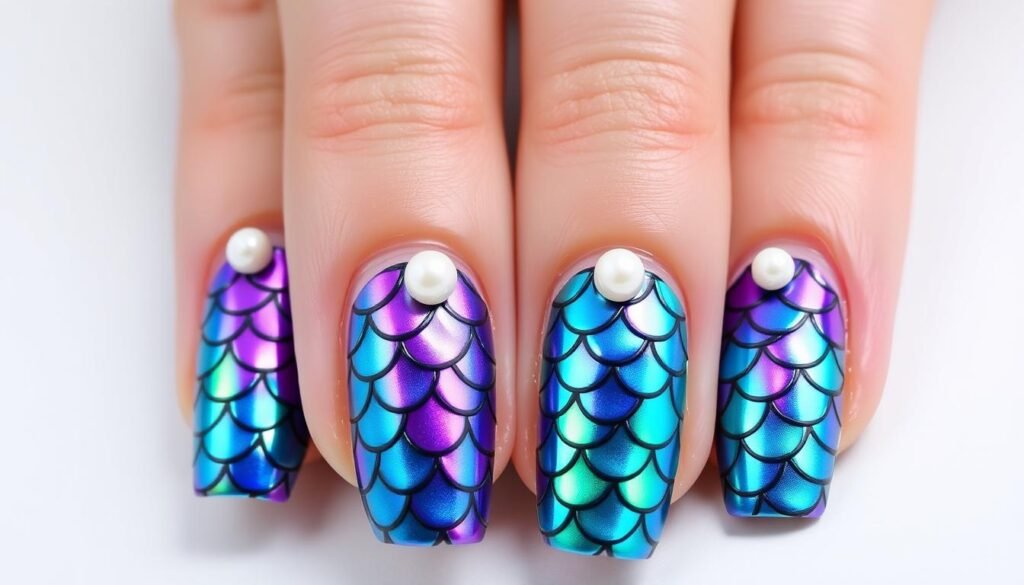 Mermaid-inspired nail art with scale patterns in iridescent blue, purple, and teal with pearl accents