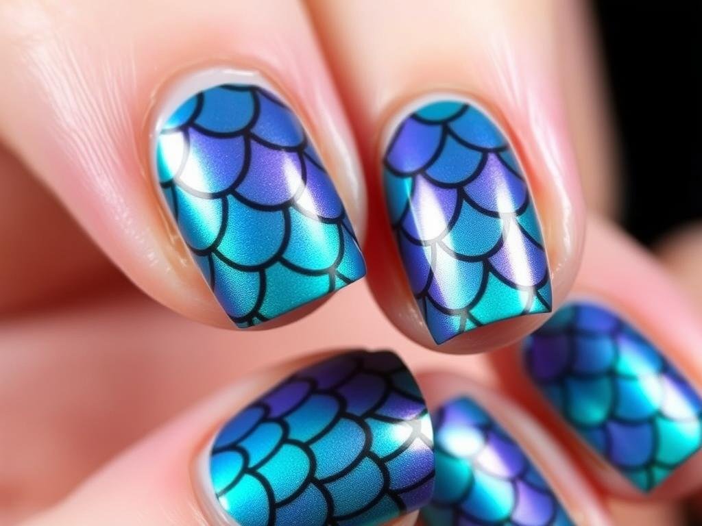 Mermaid scale beach nail design in iridescent blue and teal colors