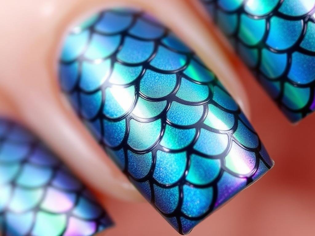 Mermaid scale beach nail designs with iridescent finish