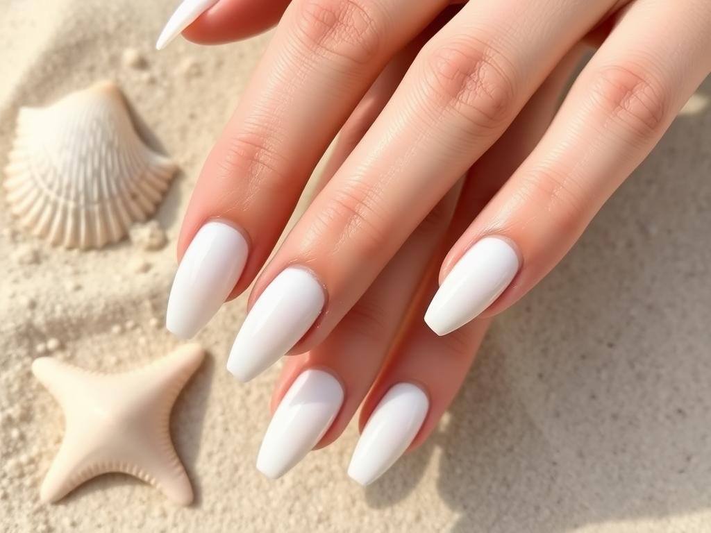 Milky white neutral beach nails with subtle shimmer