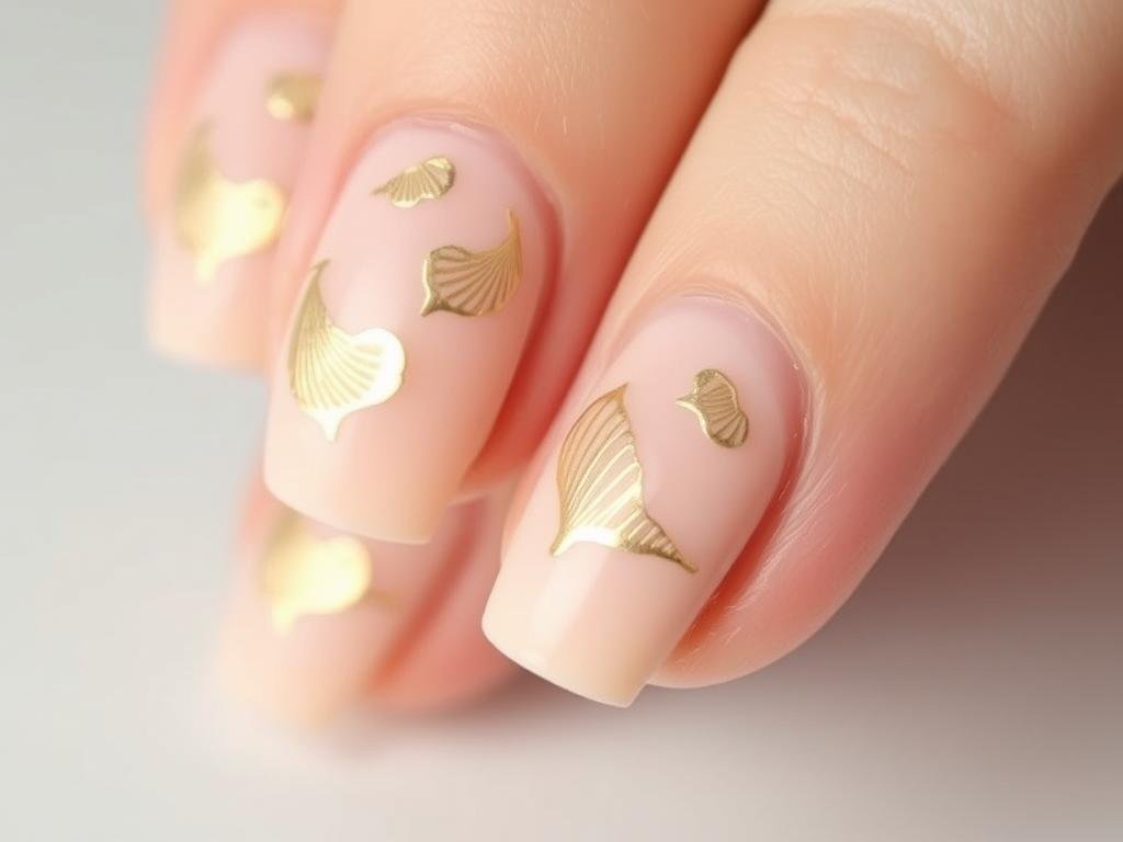 Minimalist beach nail design with gold seashell accents on nude base