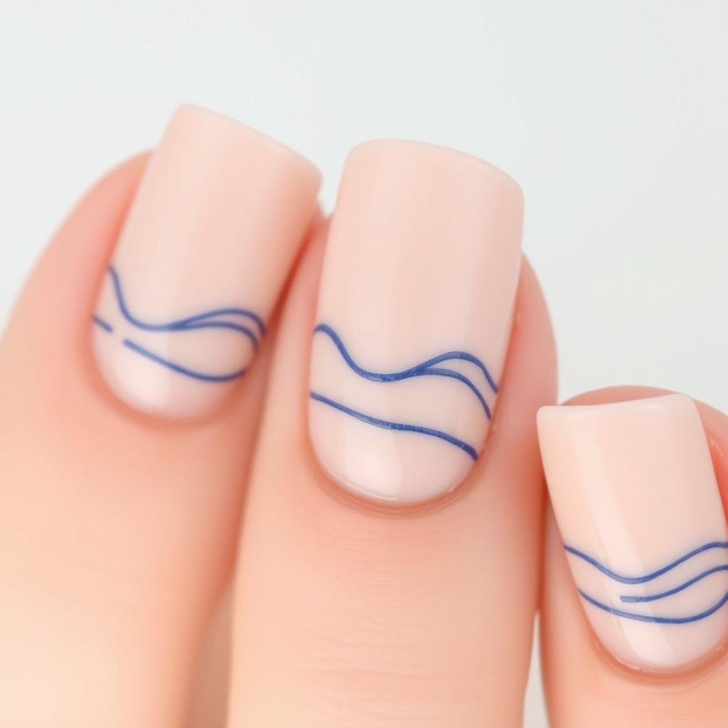 Minimalist trendy beach nails with thin blue wave lines on a nude base