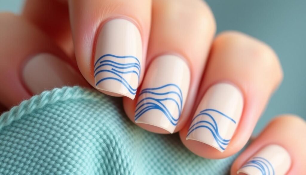 Minimalist wave line nail art on nude base for beach nail inspo