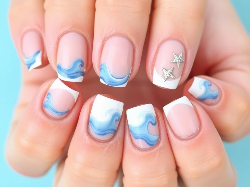 Modern beach French tip nails with blue wave design