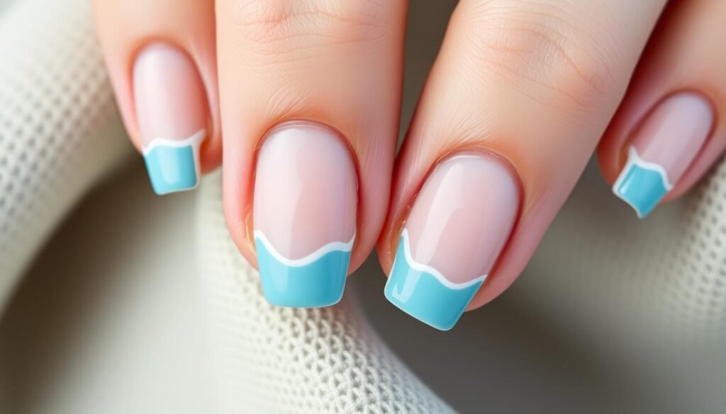 Modern trendy beach nails featuring colorful wavy French tips in blue and turquoise tones