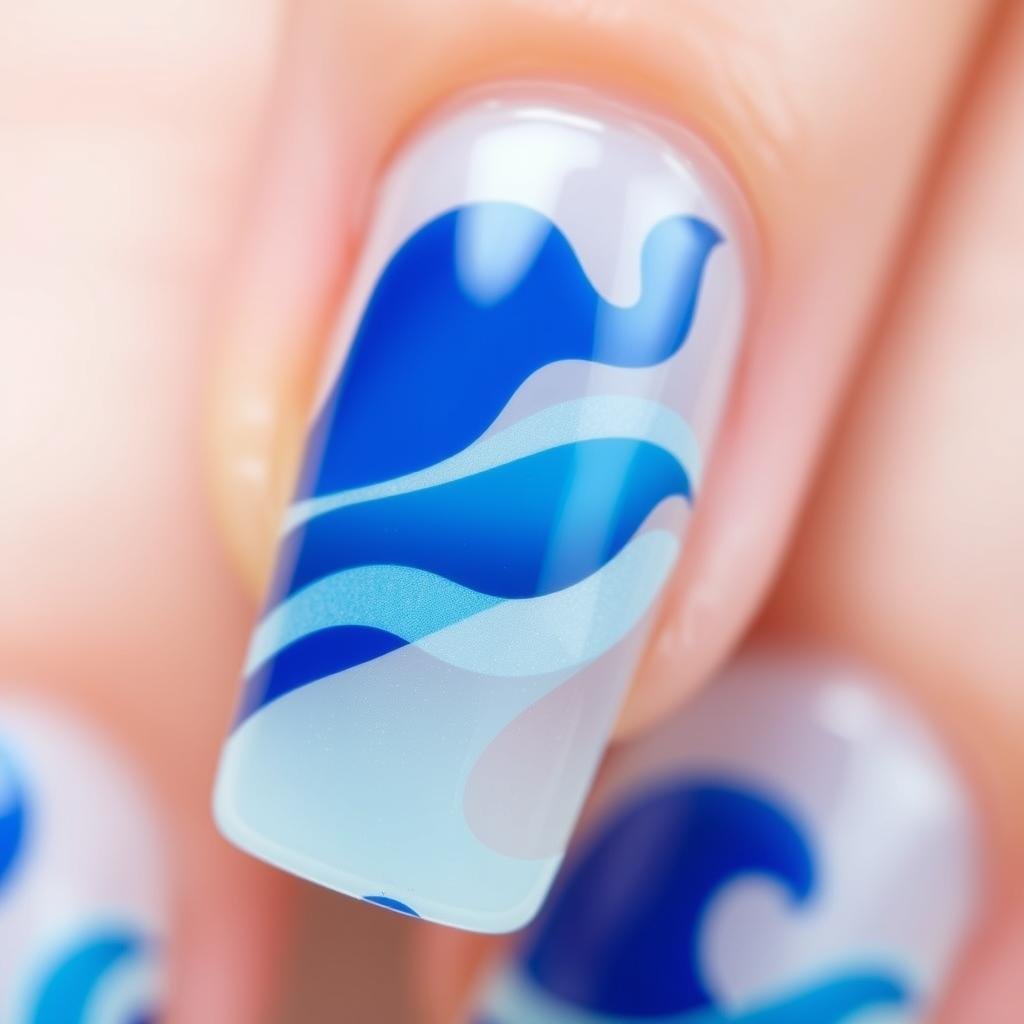Modern trendy beach nails using negative space techniques to create wave patterns