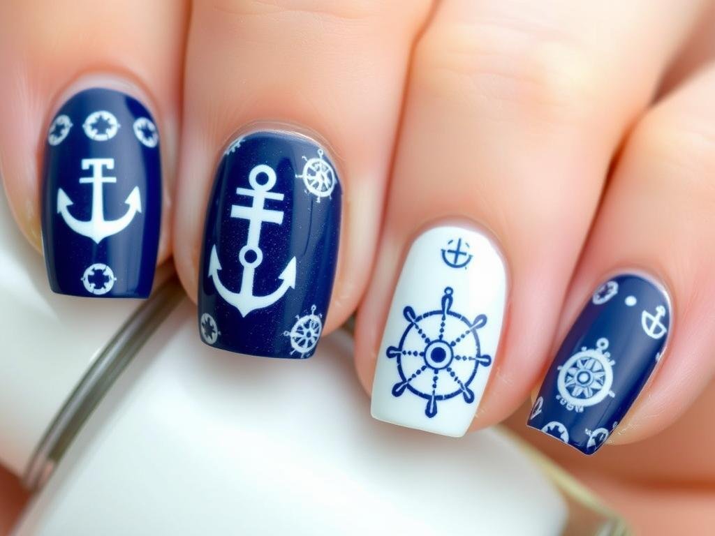 Nautical nail art with anchor and ship wheel designs for beach nail inspo