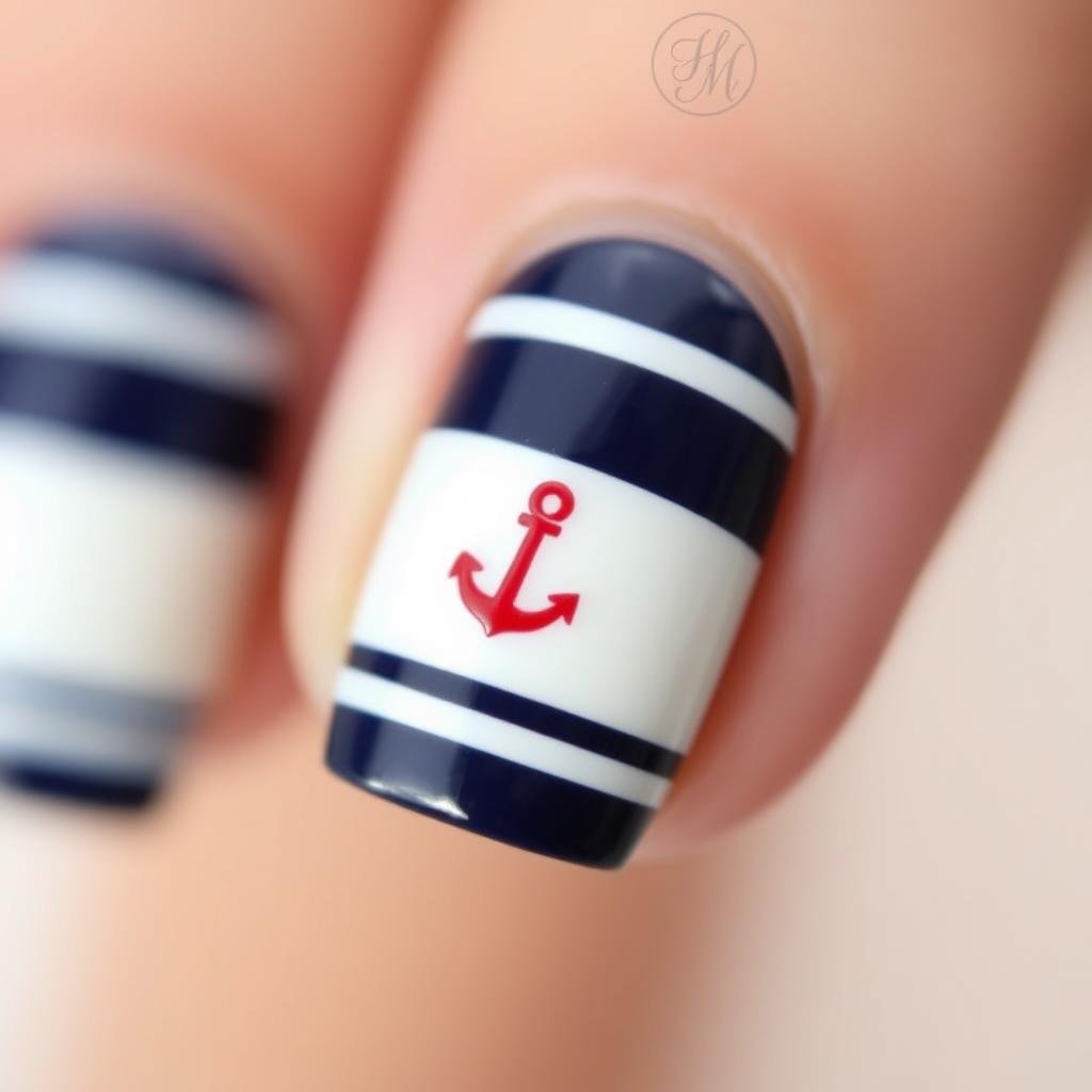 Navy and white striped nail art with red accent for beach nail inspo