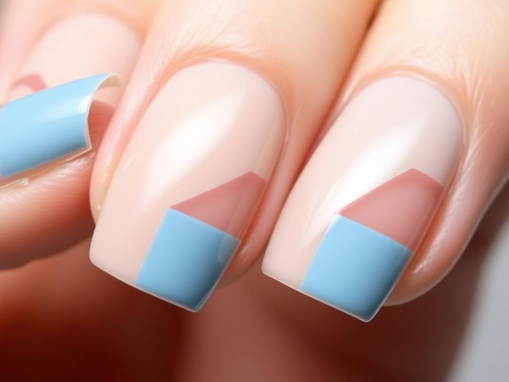 Negative space beach nail design with sandy beige and blue color blocks