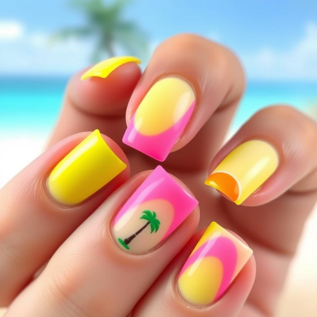 Neon tropical nail design for beach vacation
