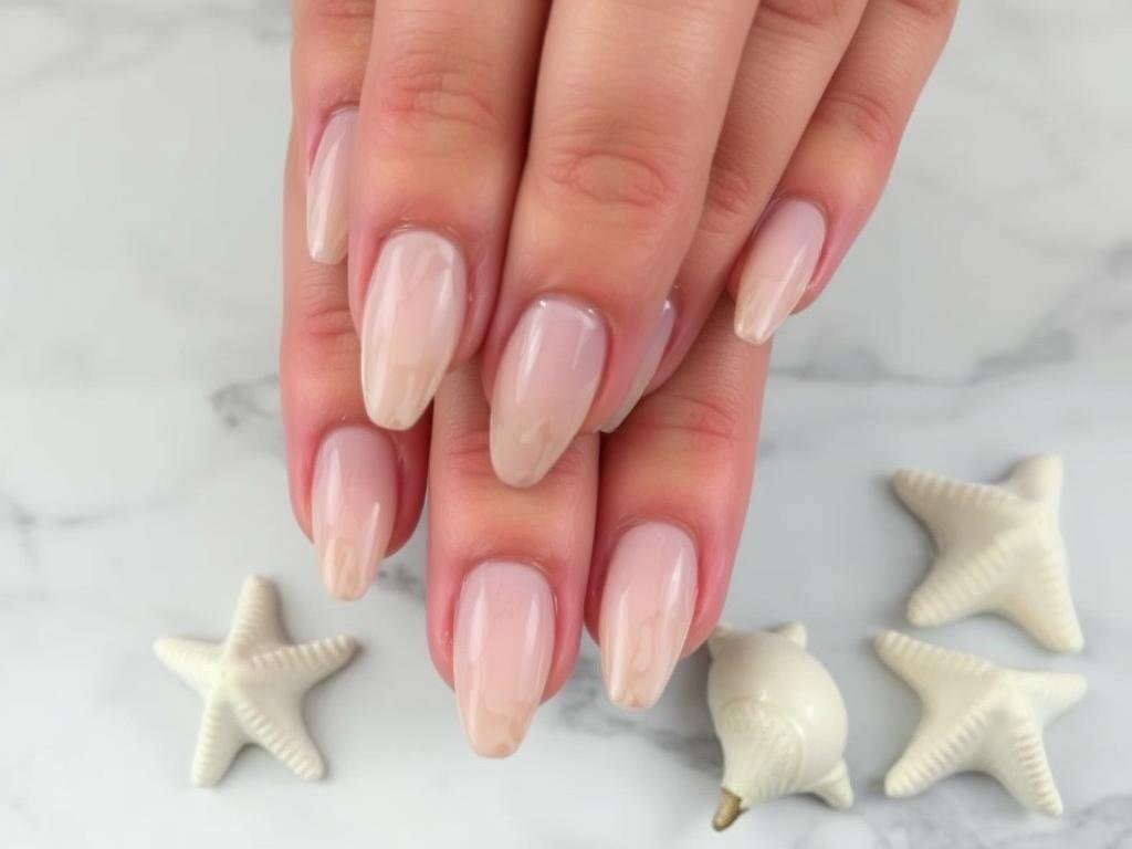 Neutral beach nails with marble effect resembling sand patterns