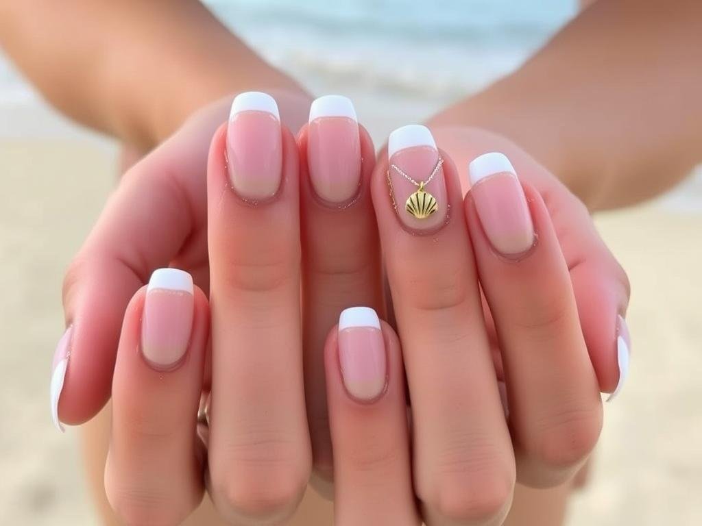 Neutral beach nails with modern French tips