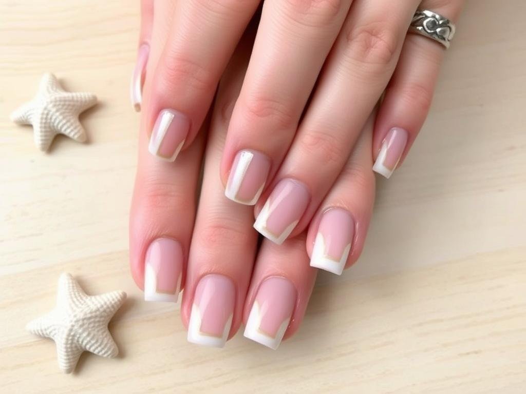 Neutral beach nails with negative space designs