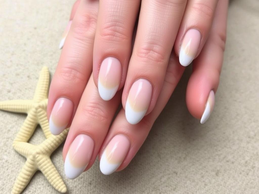 Neutral beach nails with ombre effect from beige to white