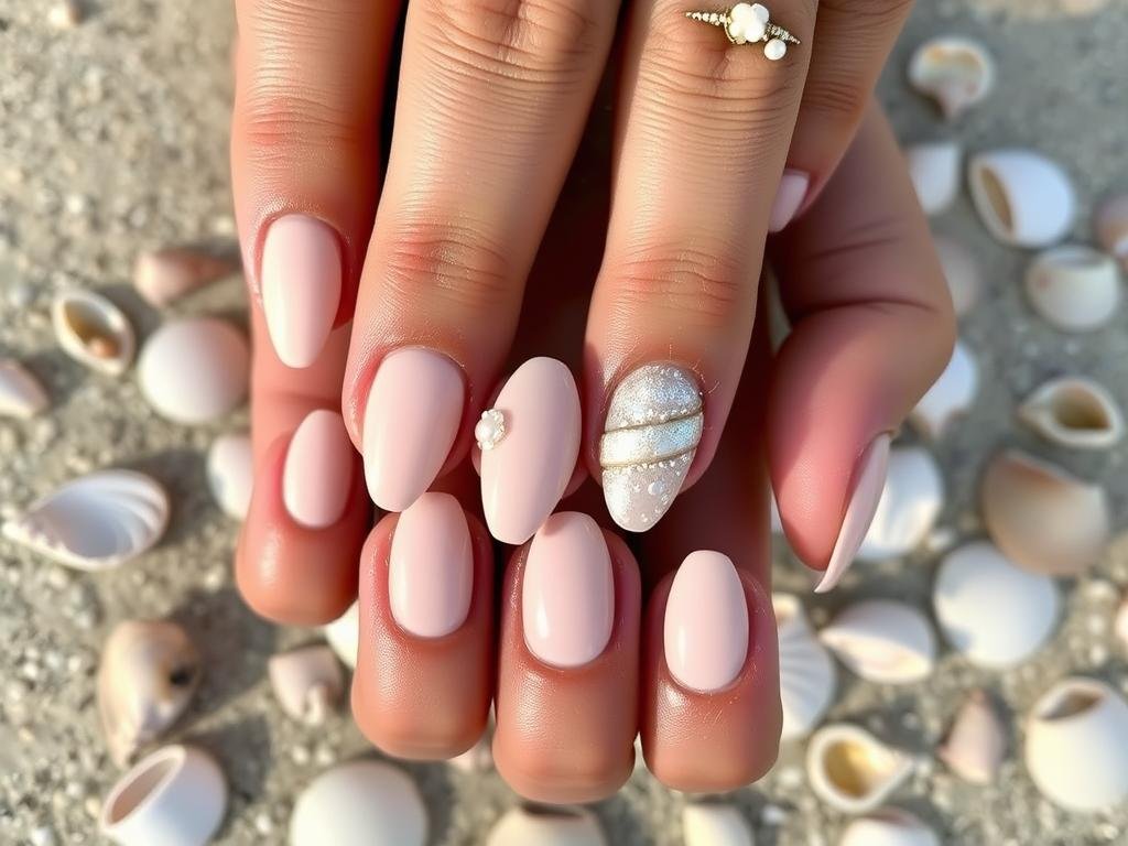 Neutral beach nails with seashell-inspired designs