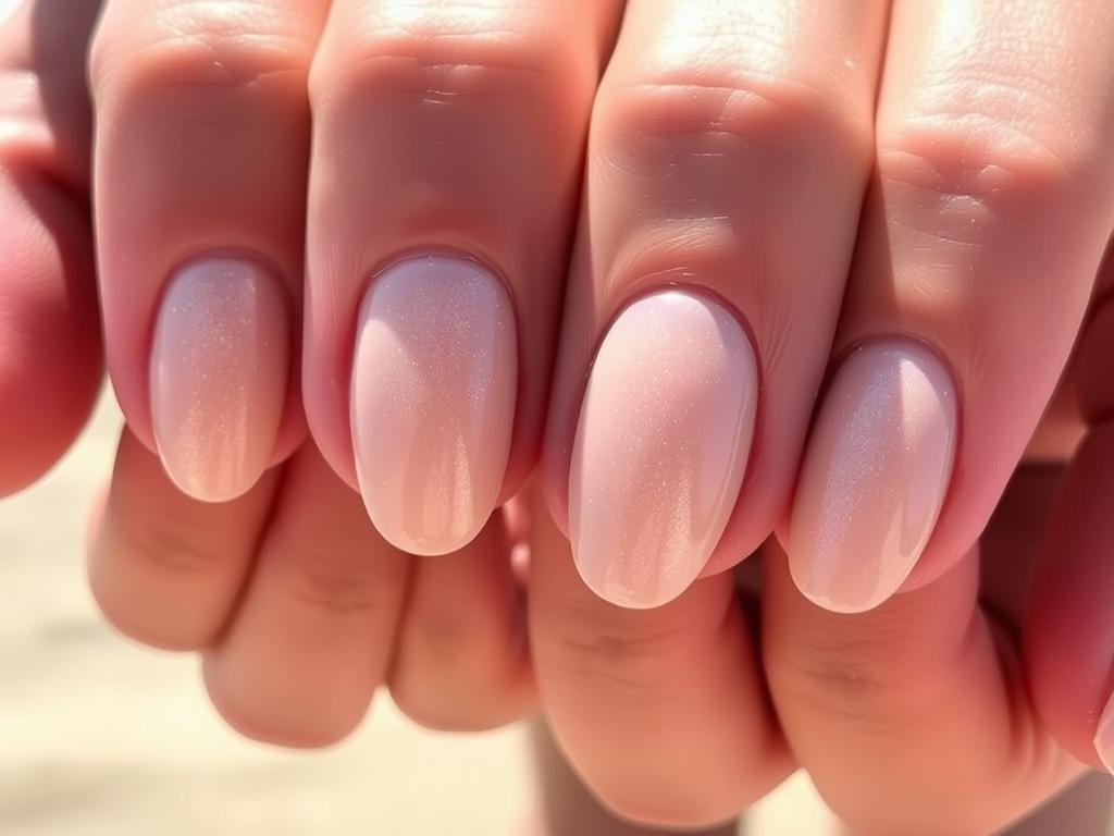 Neutral beach nails with subtle shimmer effect