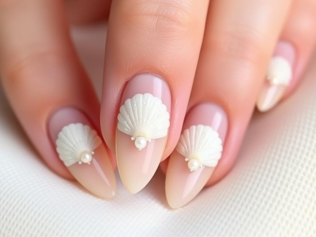 Nude nails with detailed 3D seashell accents and pearl embellishments