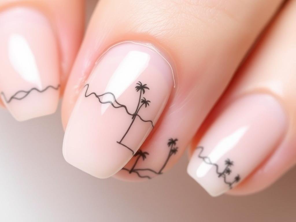 Nude nails with minimalist black line art depicting waves, palm trees, and beach scenes