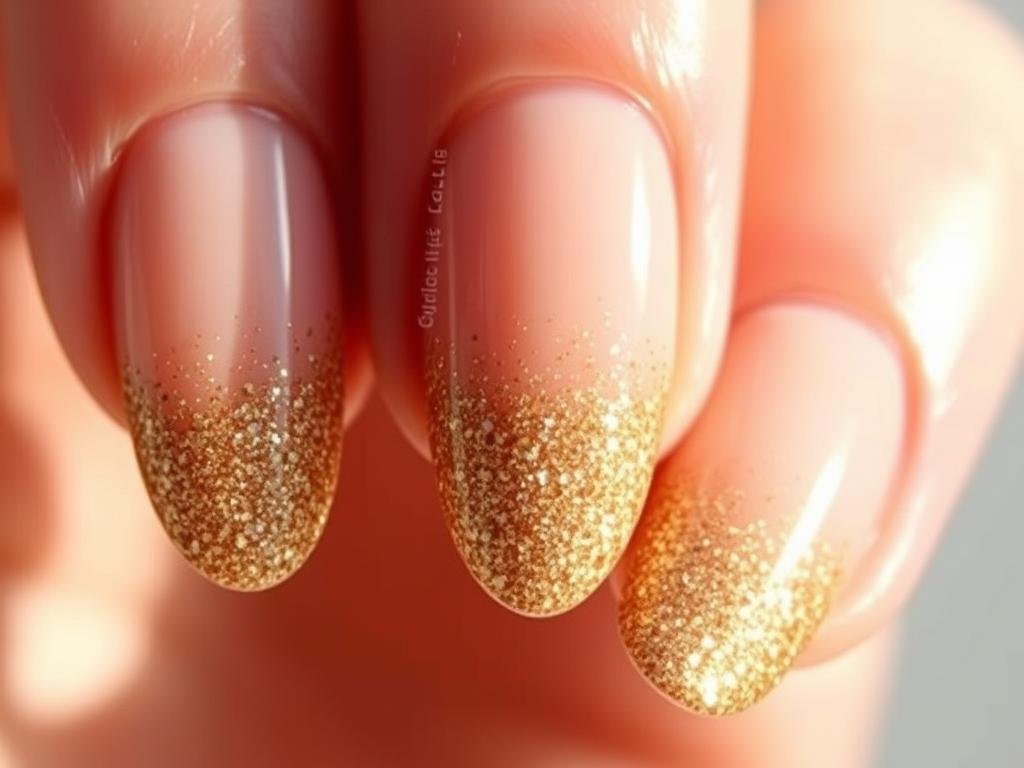 Nude to gold glitter ombré nails resembling sand sparkling in sunlight